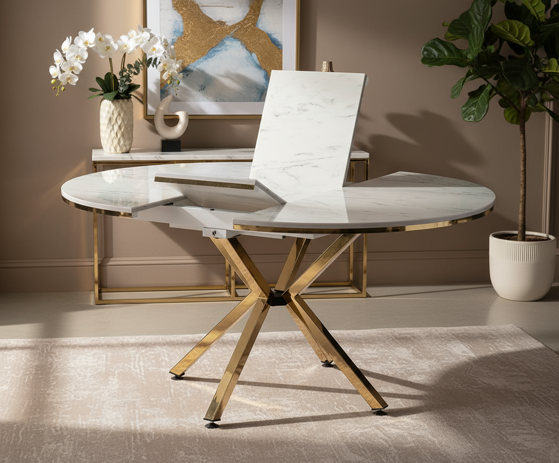 Yuvarlak Açılabilir Beyaz Mermer Altın Ayaklı Masa Görseli