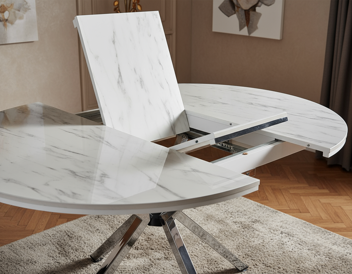 Yuvarlak Açılabilir Beyaz Mermer Krom Ayaklı Masa Görseli - Yakın Çekim