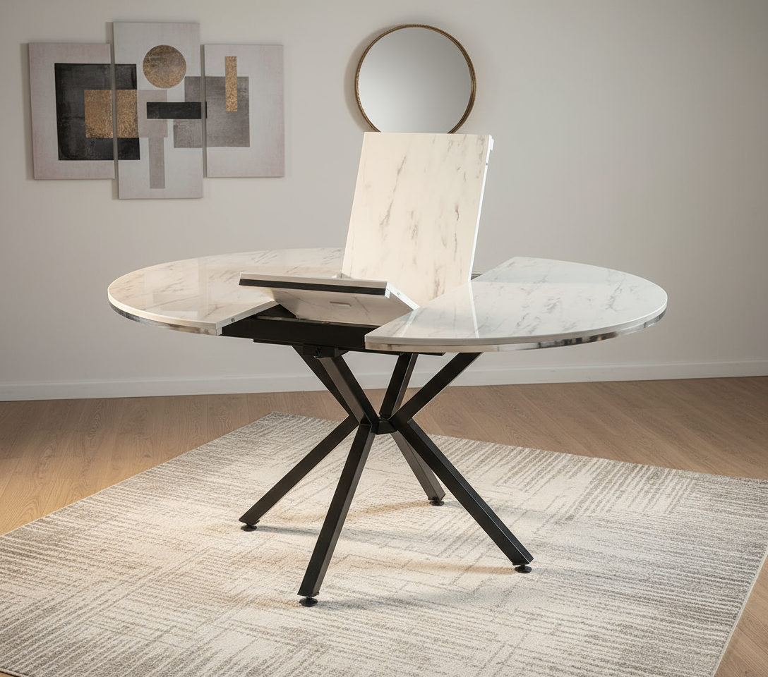 Yuvarlak Açılabilir Beyaz Mermer Siyah Ayaklı Masa Görseli - Halı ve Duvar Aksesuarlı