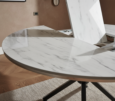 Yuvarlak Açılabilir Beyaz Mermer Siyah Ayaklı Masa Görseli - Yakın Çekim