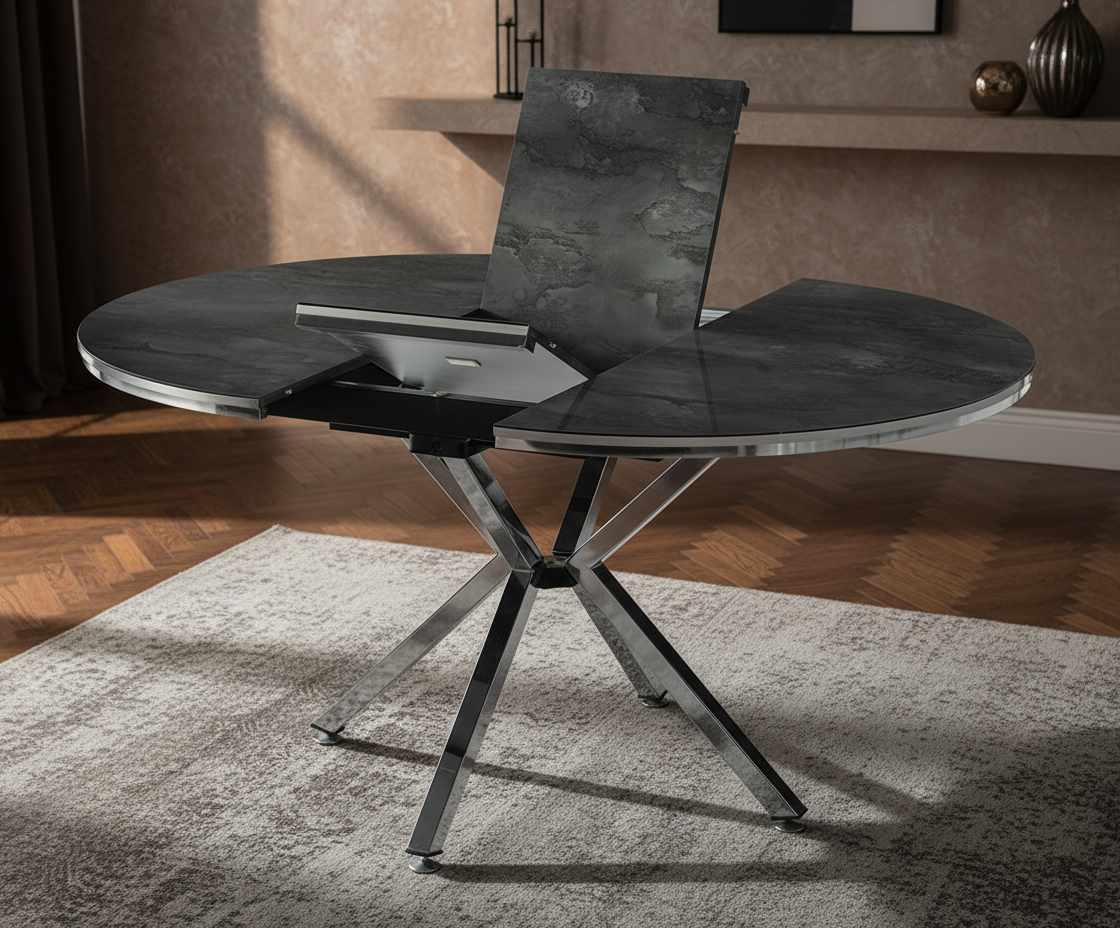 Yuvarlak Açılabilir Koyu Gri Seramik Krom Ayaklı Masa Görseli - Yakın Çekim