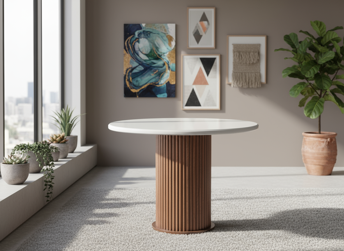 Yuvarlak Beyaz Tablalı Ceviz Yivli Ayaklı Masa Görseli - Farklı Arka Plan