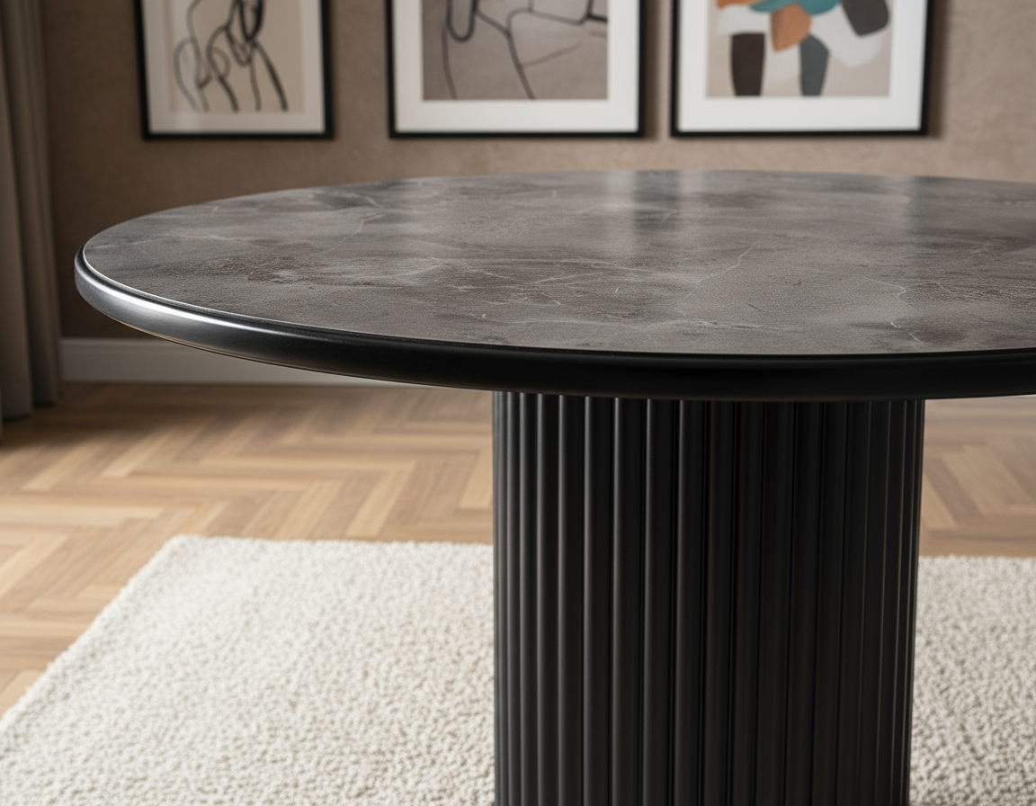 Yuvarlak Koyu Gri Seramik Yivli Siyah Ayaklı Masa Görseli - Ultra Profesyonel Detay